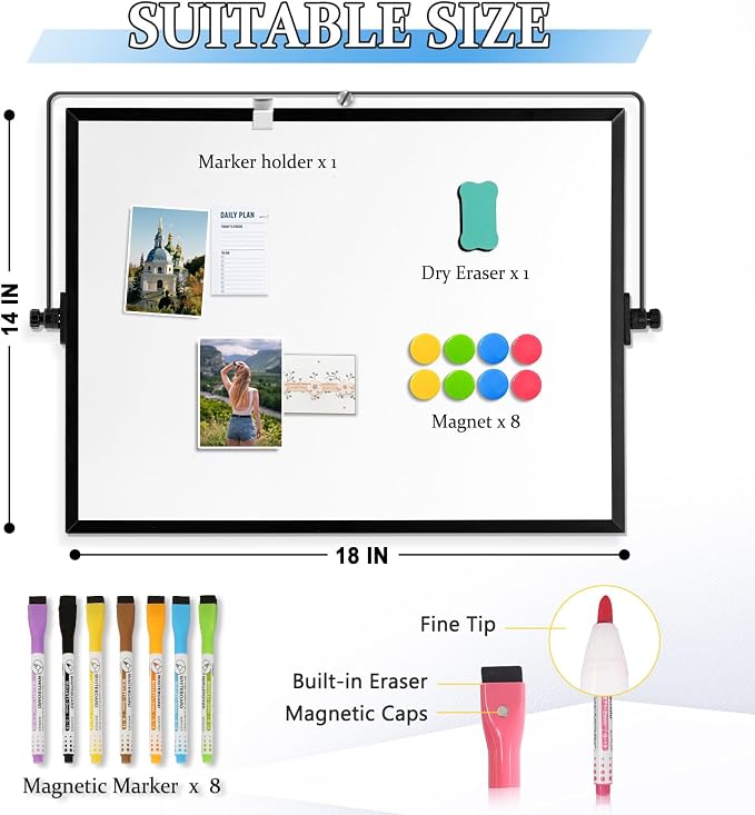 Double-Sided Magnetic White Board with Stand, 18" x 14" (Black) | Dry Erase Board with Stand, Desktop Whiteboard Easel , Portable Small White board dry erase for Drawing, Office, Home