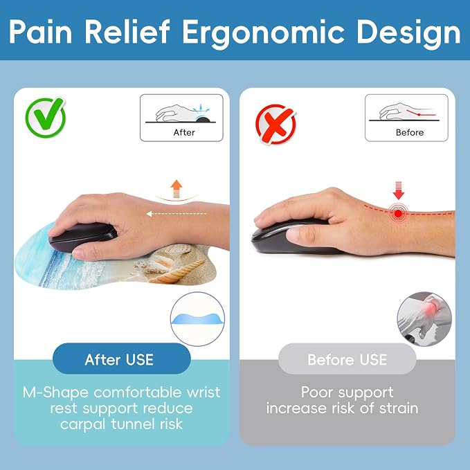 Upgrade Ergonomic Mouse Pad,Non Slip Mousepad Wrist Rest Support for Office, Computer, Laptop & Mac(B-Blue Sea Beach)