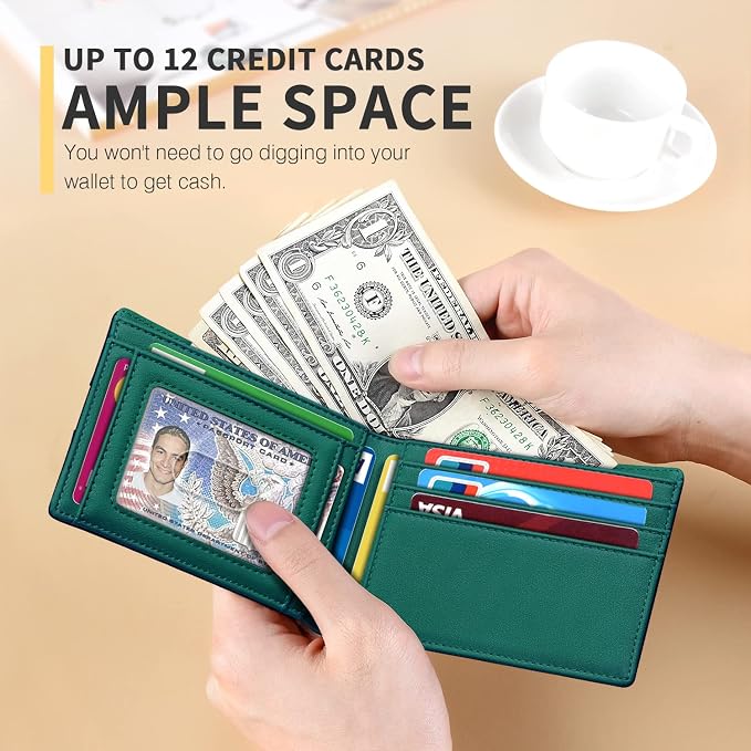 RUNBOX Wallet for Men, Slim Leather Bifold, RFID Blocking Card Holder | Minimalist Front Pocket Design, Credit Card Organizer, Holds 11 Cards, Large Capacity, Thin Profile, Birthday Gifts for Men