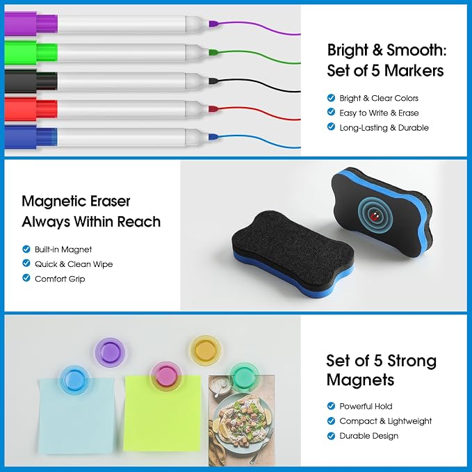 MaxGear Magnetic Whiteboard for Fridge 12x8 White 5 Pack | Strong Magnet, Dry Erase, Reusable, Easy Clean, Stain Resistant, Meal Planner, Grocery List, Family Notes, Kitchen Organizer