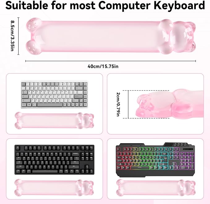 Clear Gel Keyboard Wrist Rest, Bear-Shape Wrist Rest, Ergonomic Wrist Rest for Computer Keyboard 60%/75% (Pink)