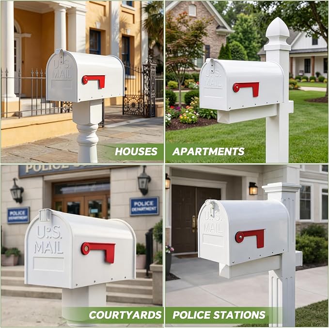 Fumete White Mailboxes for Outside, Metal Mail Box for House Outside, Galvanized Steel Post Mount Rural Mailbox, Standard Size, 20 x 8.7 x 6.7 Inches