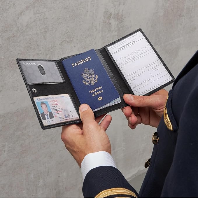 Polare Napa Leather Pilot Wallet Passport Holder RFID Blocking Tri-fold Travel Cover Document Organizer for Aviation Professionals (Black with AirTag Slot)