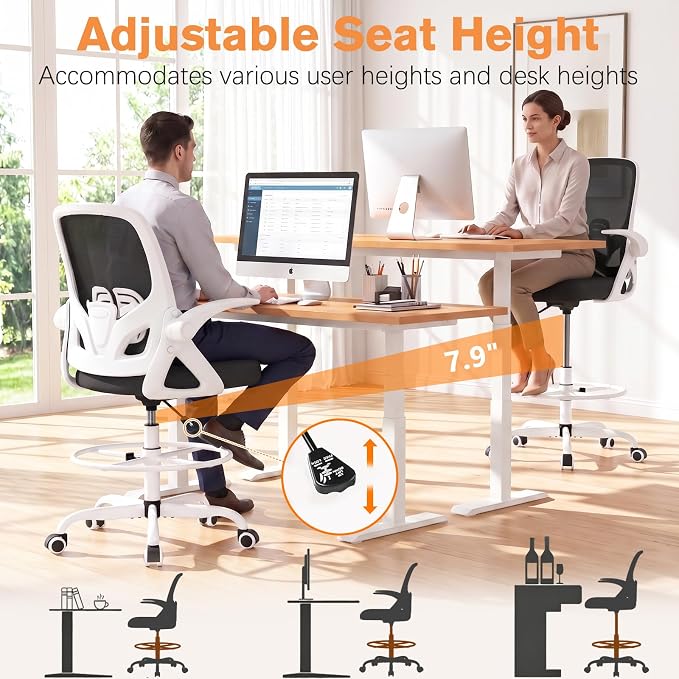 ORRSAKER Drafting Chair, Tall Office Chair with Flip-up Arms, Mesh Ergonomic Computer Standing Desk Chair with Adjustable Height Foot Ring and Lumbar Support, 300 LBS Capacity, White