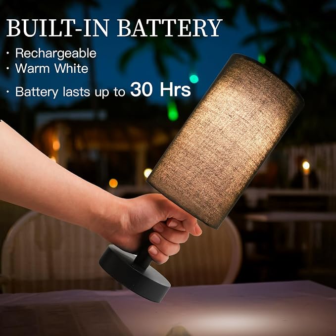 LALISU Small Table Lamp Nightstand Lamp Linen Lampshade Bedroom Wood Base Small Bedside Lamp for Night Stands, Desk Lamps for Reading Living Room, Office (LED Bulb Included) (Black and Cordless)