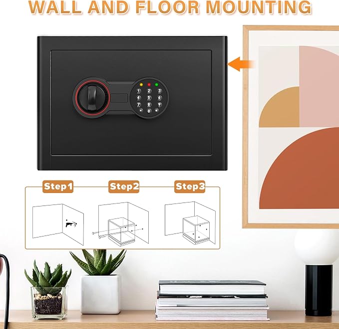 Small Safe for Home, Mini Safe Box for College Dorm Room | 9.8''Dx13.8''Wx9.8''H, Alarm System, LED Light, Wall/Floor Mountable Hidden Safes for Cash, Jewelry, Medicine