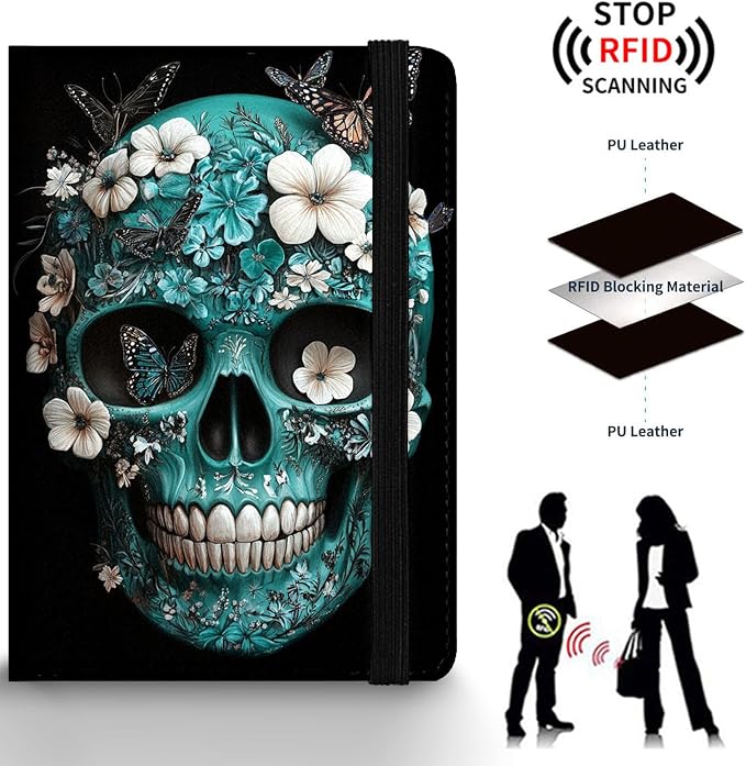 Passport Holder Wallet Cover Case,RFID Blocking Passport Cover,Large Capacity Travel Wallet with Multi Card Slots (Skulls and Butterflies)