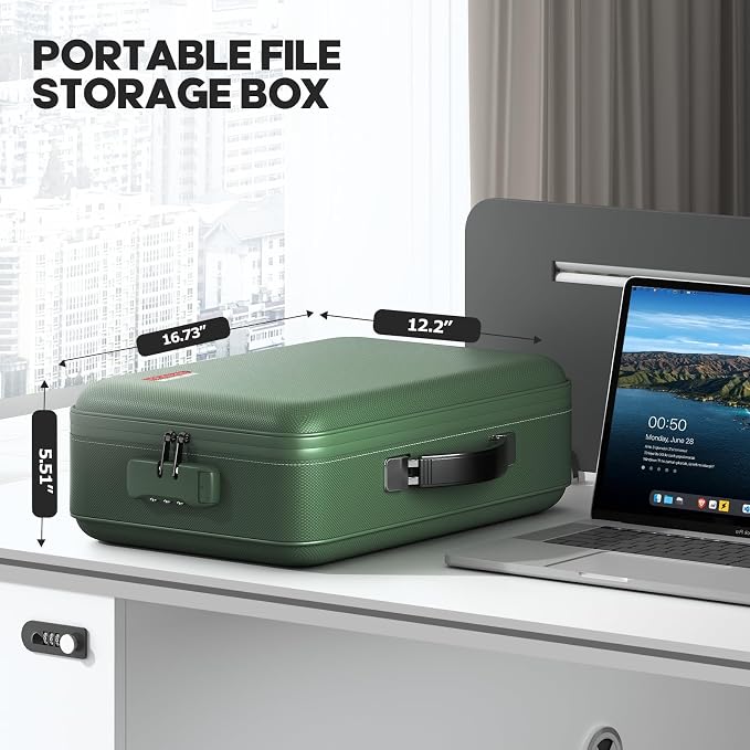 Fireproof Document Box, Hard Case Highly Flame-Resistant Fire Proof Waterproof File Organizer with Lock, Portable Fire Safe for Important Documents & Valuables Storage (Green, ‎16"*12"*5")