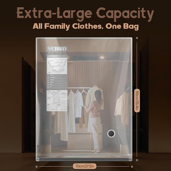 Vacbird Jumbo Vacuum Storage Bags for Bedding, Blanket Storage Space Saver | Jumbo Capacity for Bulky Bedding, Transparent Design, Electric Pump Replaces Vacuum Cleaner for Fast Easy Compression