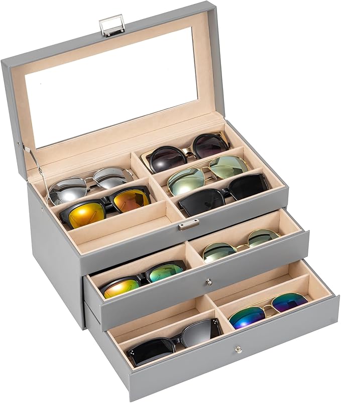 ProCase 3-layer Sunglasses Storage Organizer, 18 Slots Leather Sunglass Box Multiple Pairs Eyeglass Cases Eye Glass Eyewear Display Holder for Men Women, Valentine's Day Gift -Grey