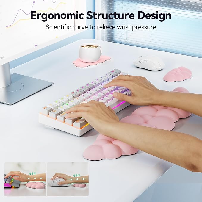 TECKNET Cloud Keyboard Wrist Rest Set, Cloud Wrist Rest with Non-Slip Base, PU Leather Wrist Pad for Keyboard with Ergonomic Memory Foam for Computer Laptop Office Gaming and Pain Relief, Light Pink