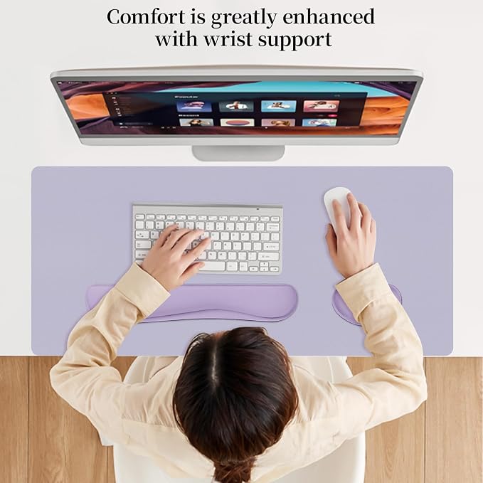 Keyboard and Mouse Pad, 3-in-1 Desk Mat Set Keyboard Wrist Rest | 31.5" x 15.7" Desk Mat, Ergonomic Wrist Rest for Computer Keyboard, Non-slip Base, Waterproof Computer Mat, Lavender