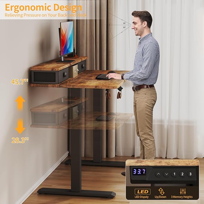 Electric Standing Desk Adjustable Height - 40 Inch Sit Stand Desk with Storage Drawers , Small Standing Desks with Shelf Monitor Stand, Kids Girls Computer Desks for Bedroom Home Office, Rustic Brown