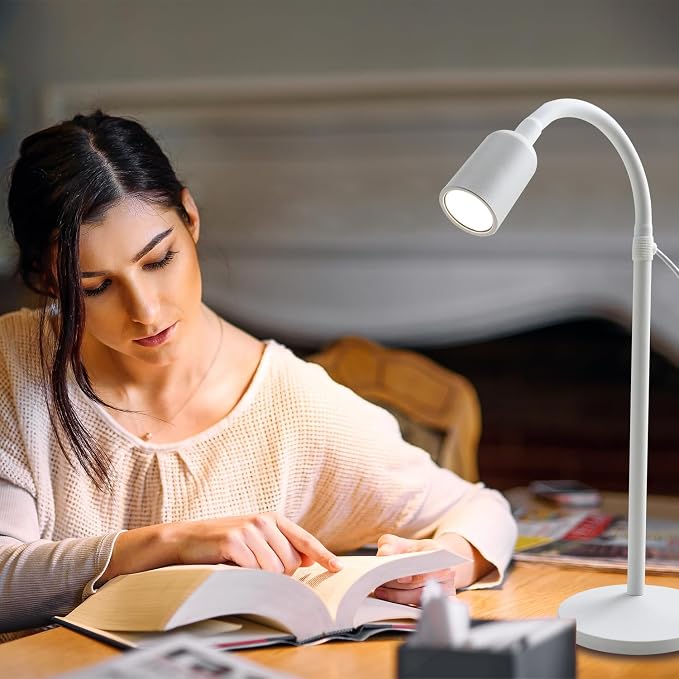 DAMI Dimmable LED Desk Lamp USB Powered, 3 Color Modes Flexible Gooseneck Reading Light, Eye-Caring Small Table Lamp for Home Office Study Bedroom Dorm Bedside - White