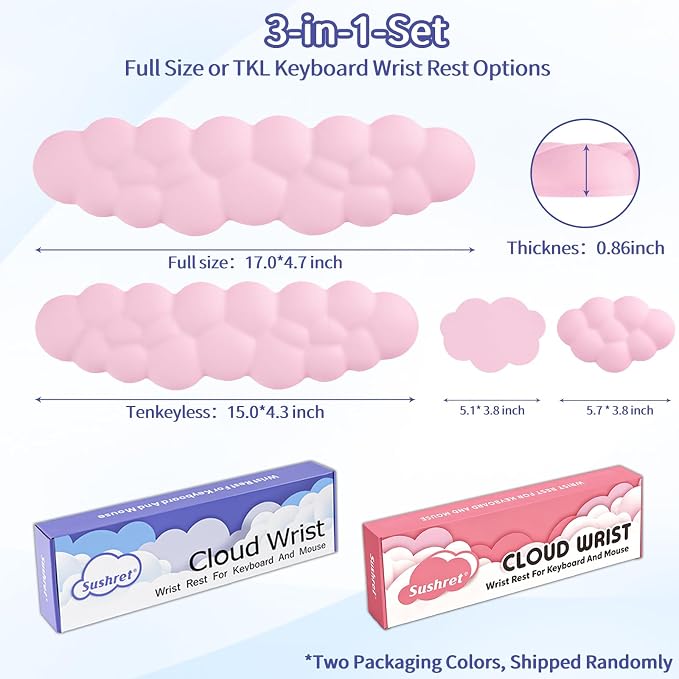 Cloud Wrist Rest Keyboard, Cloud Keyboard Wrist Pad Set with PU Leather Memory Foam, Cute Arm Rest for Palm Support, PC/Gaming Desk Accessories/Office Setup/Computer Hand Cushion - Pink