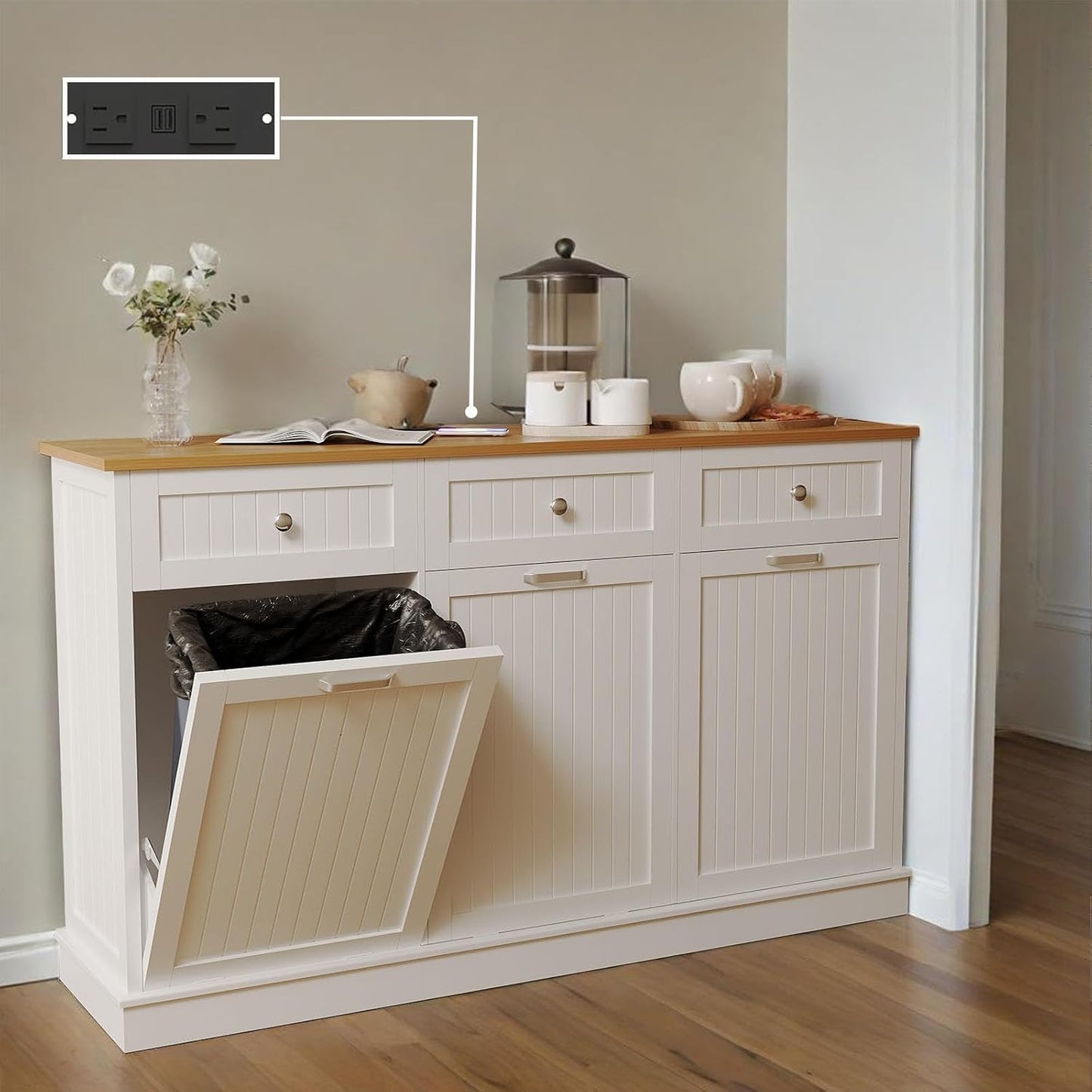 30 Gallon Tilt Out Trash Cabinet, Wooden Kitchen Trash Can Cabinet with Hideaway Drawer, Freestanding Laundry Hamper Garbage Recycling Cabinet on Wheels, Pet Proof, Triple, White
