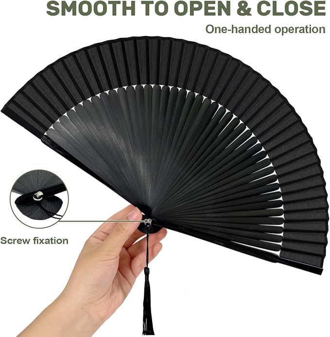 EOSAU Bamboo Hand Fan Foldable 8.3 Inch, Portable Folding Fan with Pouch for Church Wedding Makeup, Small Decorative Cooling Fan for Women (Black/Solid)