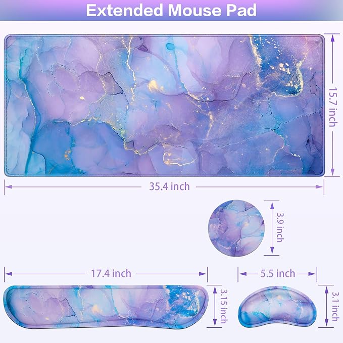 4-in-1 Mouse Pad with Wrist Rest Purple,35.4×15.7in Large Gaming Mouse Pad | Keyboard Wrist Rest+wrist Mousepad+Cup Pad,Ergonomic Mouse Pads,Anti-Slip,Waterproof Keyboard Pad for Home Office