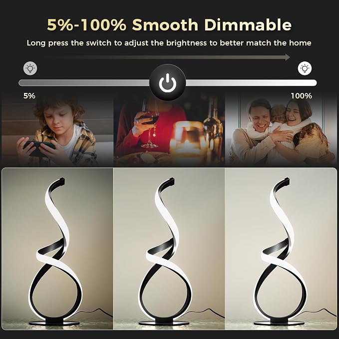 2 Pack Modern Touch Lamp for Nightstand, LED Spiral Table Light | Dimmable 3 Color Temperature Night stand Desk Lamp, Unique Bedside Light for Living Room, Bedroom, Ideal Gift, Black