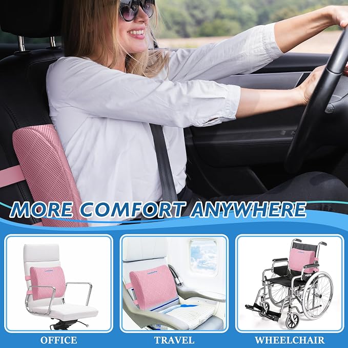 Lumbar Support Pillow for Office Chair, Back Support, Memory Foam, Pink | Improve Sitting Posture & Back Pain Relief. Lumbar Pillow Fits Office, Gaming & Car Chairs with Adjustable Dual Straps