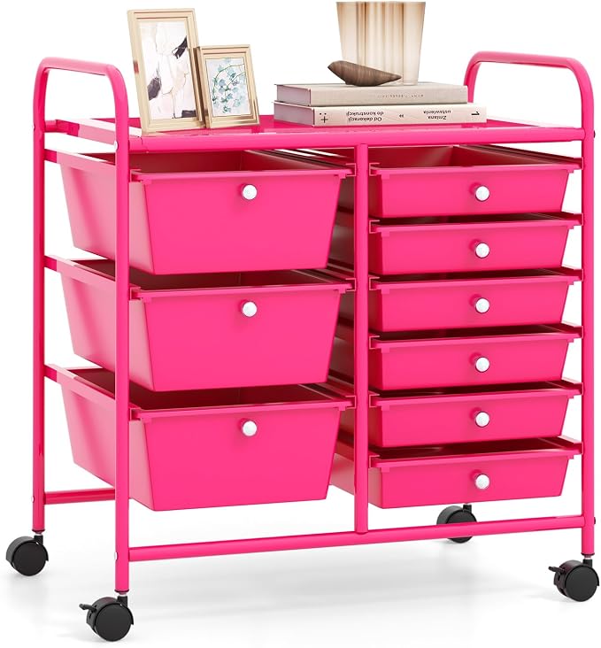 RELAX4LIFE 9 Drawer Rolling Storage Cart - Mobile Drawer Carts for Craft Art Supply Paper Salon, Utility Cart on Wheels for Classroom Teacher School Office, Rolling Cart with Drawers (Hot Pink)