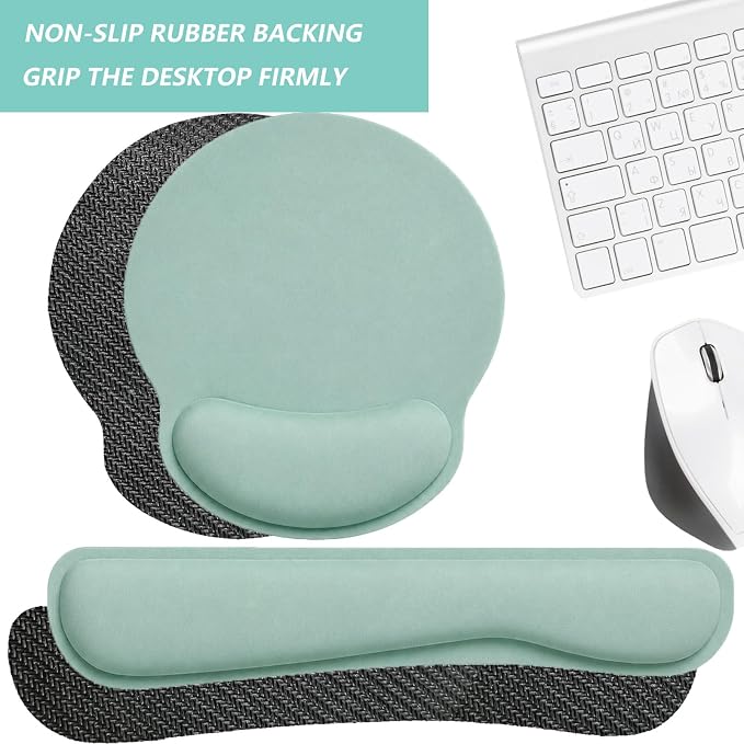 Keyboard Wrist Rest Pad Mouse Pad with Wrist Support Set of 3, Mousepad with Non-Slip Rubber Base, Ergonomic Memory Foam Mouse Wrist Cushion Support for Home Office Laptop Computer, Green