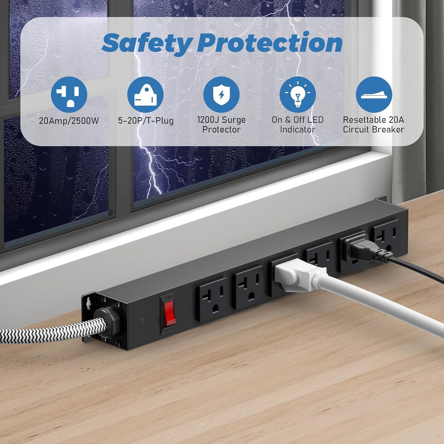 HEZI 20 Amp Power Strip with 5-20P/T- Plug, Heavy Duty High Amp Metal Surge Protector, Mountable Industrial Power Strip with 6AC Outlets(5-20R) and Circuit Breaker, 6FT 12AWG Extension Cord