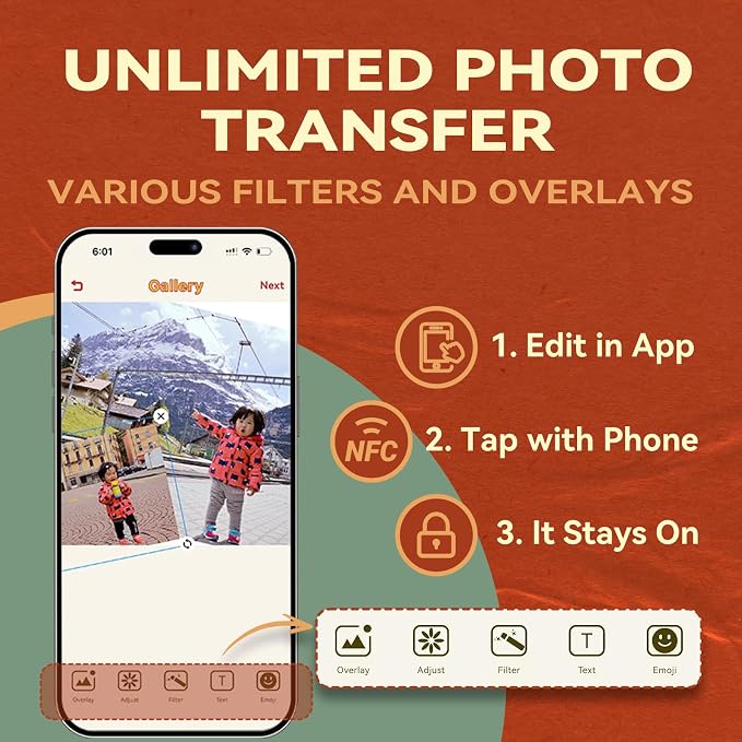 E-Paper Fridge Magnet Classic Plus, E-Ink Battery-Free Instant Photo Style Display, Wireless NFC Picture Frame, Phone-Controlled Acrylic Memo Board for Party/Travel/Home & Gifts, Compatible iPhone 13 and Newer (Red)
