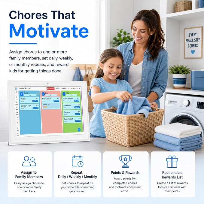 10.1" Digital Refill for Desk Calendar, Electronic Planner Replacement, Touchscreen Family Organizer with Auto-Sync, Chore Chart, Photo Frame
