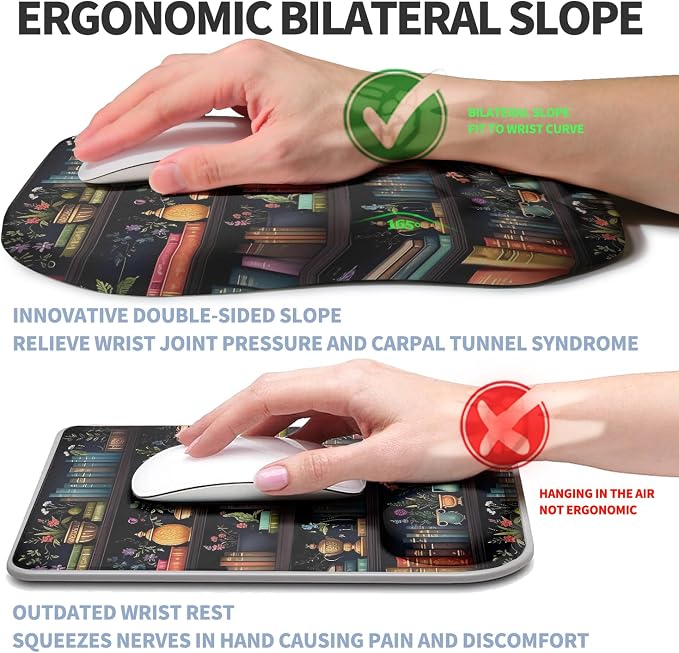 Ergonomic Raised Mouse Pad Wrist Support with Bilateral Slope Memory Foam Mousepad for Wrist Rest and Carpal Tunnel Pain Relief 11.8x7.9〃Bookshelf