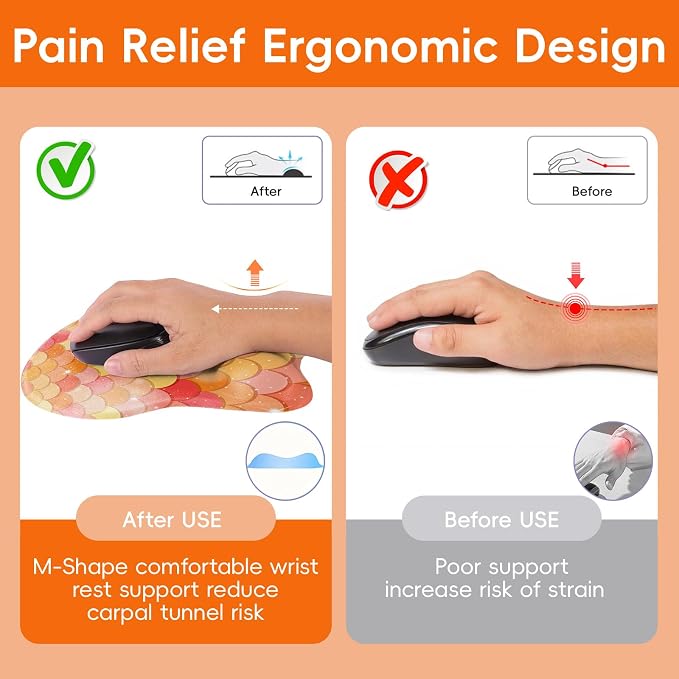Mouse Pad with Wrist Rest Ergonomic Mouse Pad with Comfortable M-Shape Pain Relief Wrist Support Non-Slip PU Base Mousepad for Laptop, Office & Home (Orange Mermiad)