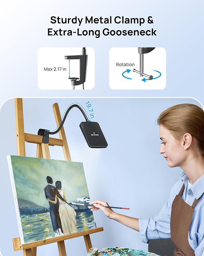 TROND LED Desk Lamp with Clamp, 6000K Daylight, Flexible Gooseneck on Light | 1000LM Super Bright 3-Level Dimmable Desk Light Extra-Long, Eye-Care Clamp Lamp for Painting, Workbench,Reading