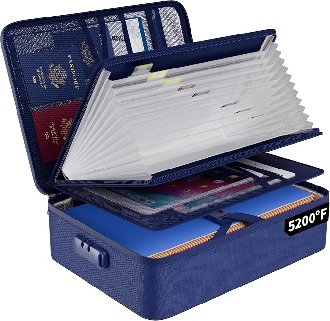 ENGPOW Fireproof Document Organizer Bag with Lock ＆ Accordion File Folder | 5200℉ Multi-Layer File Organizer Box with Lock ,Heat Insulated, Water Resistant, Safe Storage for Home Office Travel, Blue