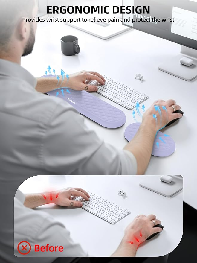 TopMade Upgraded Wider Wrist Rest Set, Soft Memory Foam Keyboard Hand Rest Pad, Computer Ergonomic Keyboard Mouse Wrist Support for Typing Pain Relief, Comfort for Office, Gaming, Study, Purple
