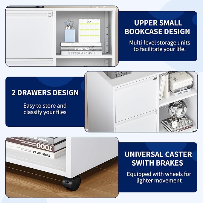 2-Drawer Metal File Cabinet with Lock, Mobile Lateral Filing Cabinet, Printer Stand with Adjustable Storage Shelves for Home Office (White)
