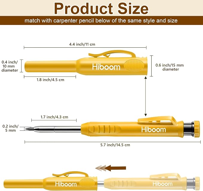 Hiboom 2 Pack Carpenter Pencils with Pencil Cap and 18 Refills, Yellow | Mechanical Pencil, Deep Hole Marking, Built-In Sharpener, Long Nose Tip, Pocket Clip, Marks Many Surfaces, Woodworking Use