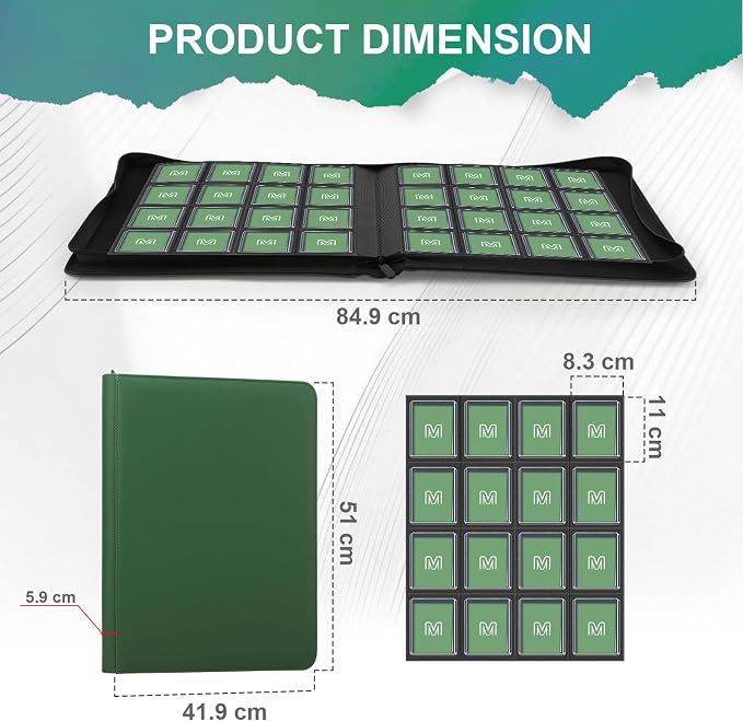 16 Pocket Toploader Binder,Holds 640 Top Loaders,Top Loader Binder for 3" x 4"Rigid Cards,Sleeves Card Collection Binder,20 Double Sided Pages,Compatible with Trading & Sports Holder (16Dark Green)