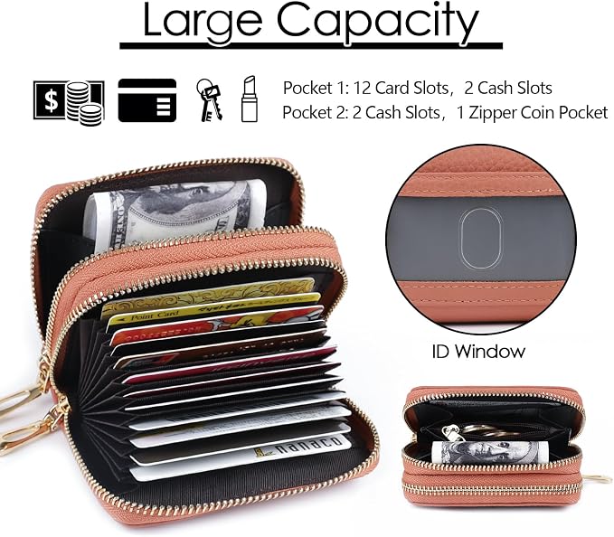 imeetu RFID Credit Card Holder, Small Card Wallet Women, Leather Card Case | Genuine Leather Women's Card & id Cases, Change Coin Purse with Zipper Keychain id Window, 20 Colors & 3 Styles, Daily, Gifts