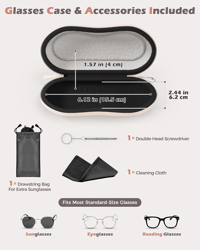 ProCase Sunglasses Case, Hard Shell Glasses Case for Men Women -Beige | Travel Shockproof Eyeglass Case with Metal Hanging Hook and Velvet Lining, Zipper Sport Glasses Holder Organizer for Gifts