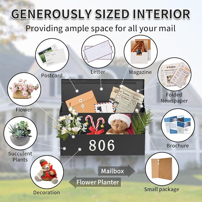 Ydocabinit Wall Mount Mailbox, Large Capacity for House, Outside, with 3 Sets of 0-9 Number Stickers & Flower Planter, Galvanized Steel Rust-Proof Metal Post Drop Box, 15.74"×9.84"×6.41" Black