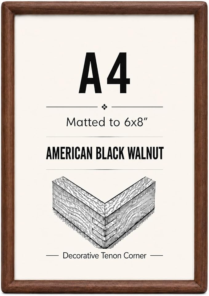 Solid Walnut Picture Frame 6x8 8x10, Large Solid Wood Tabletop Photo Frame with Decorative Joinery Corners (Walnut, For A4 / 8x10 / 6x8 Photo)