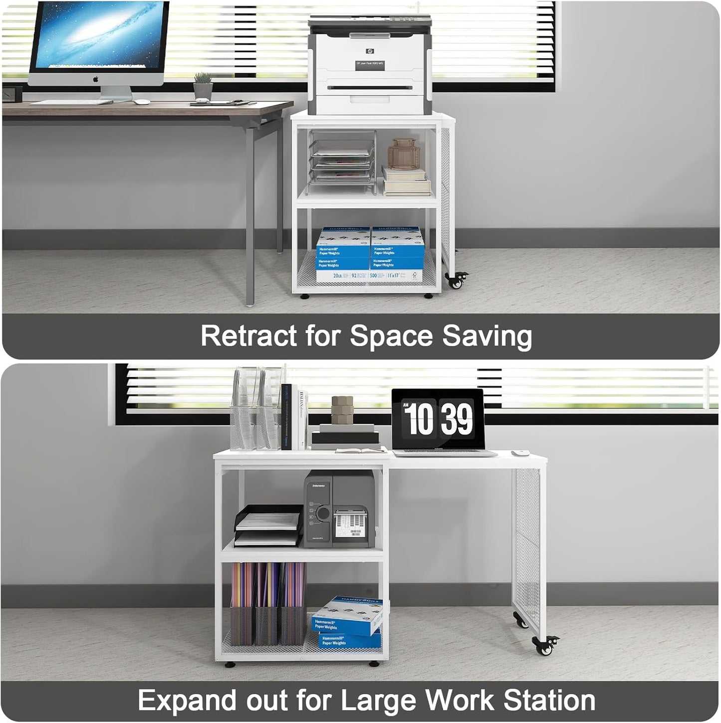 Natwind 24''x20''x29'' Large Printer Stand with Storage Shelves,Extendable Home Craft Table,Home Office Organization Desk, Versatile Table for Home Office, Kitchen, Study Room, Living Room (White)
