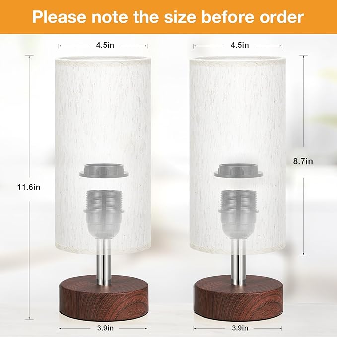 Table Lamps Set of 2 （Cream Shade - Walnut Base, 11.6" Inline Control） | Bulb not Included | Small Lamps for Bedroom | Desk Lamp for Reading | for Living Room | for Dorm | Linen Shade