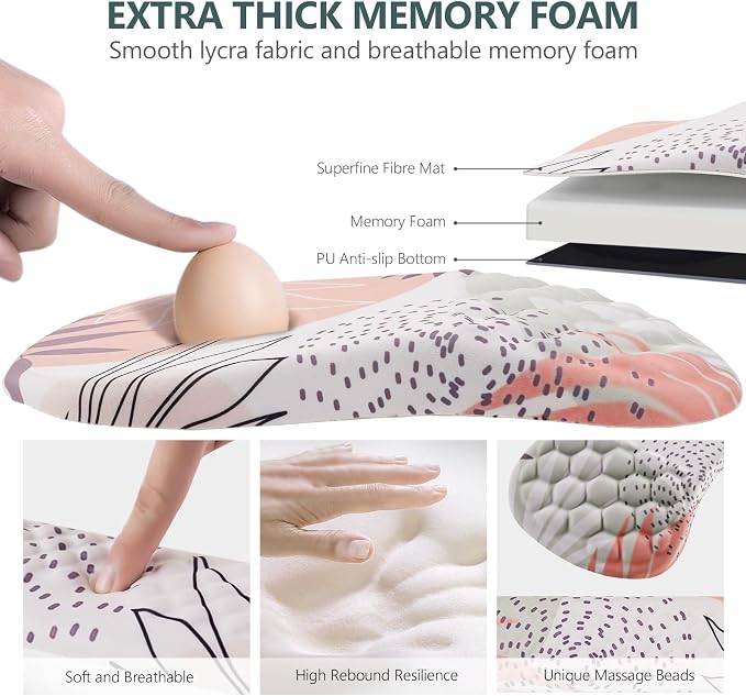 Ergonomic Mouse Pad & Keyboard Wrist Rest Set, Memory Foam | Memory Foam Wrist Cushion, Non-Slip PU Base, Massage Design, Relieves Wrist Pressure for Work, Gaming & Office Use,Leaf