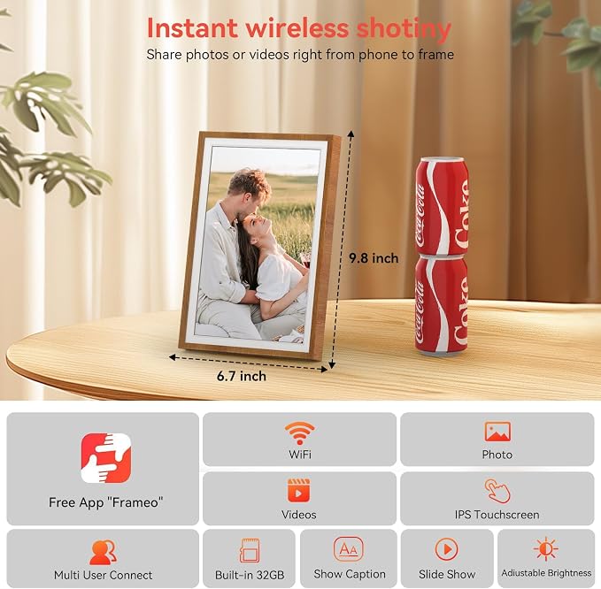 Frameo 10.1" Digital Picture Frame with 32GB Memory WiFi Electronic Photo Frame Wood HD Touch Screen Auto-Rotate Slideshow Wall Mountable Share Photos/Video Remotely Anywhere(Warm Wood)