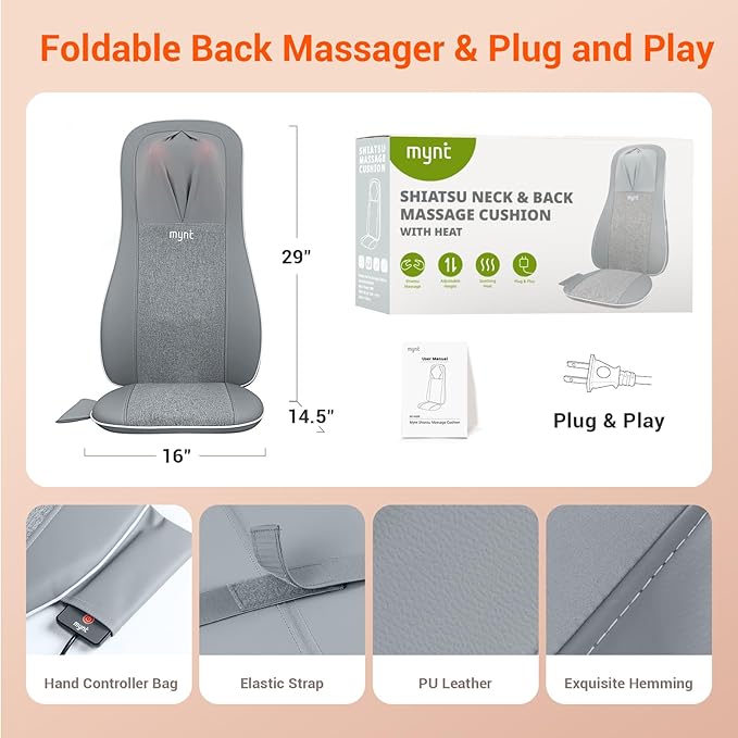 Mynt Shiatsu Neck and Back Massager with Heat, 3D Kneading Full Back Massager for Pain Relief Deep Tissue, Foldable Adjustable Chair Massager for Home Office, Christmas Gift for Dad Mom, Gray