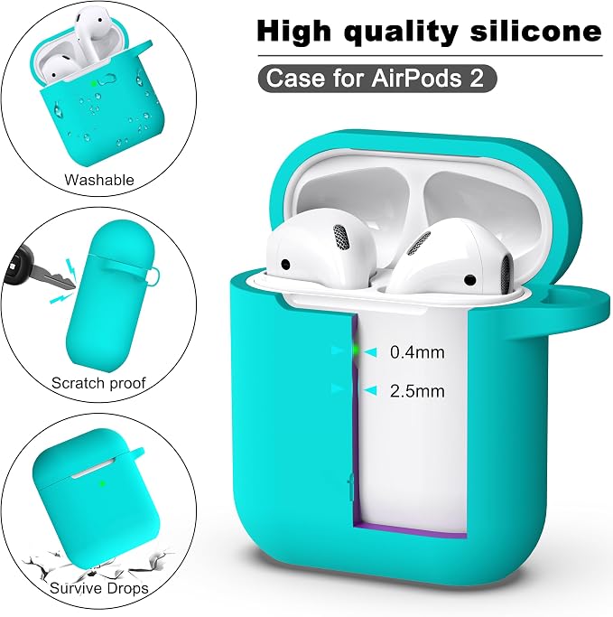 R-fun for AirPods 1/2 Case, Soft Silicone Protective Cover with Keychain and Cleaning Pen, Compatible with AirPods 2nd/1st Generation (2016/2019), Full Drop Protection Cover, New Teal