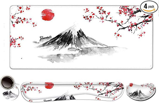 ToLuLu Extended Gaming Mouse Pad, Memory Foam Ergonomic Keyboard Mouse Wrist Rest Support Set, Large Desk Mat with Stitched Edges, Non-Slip Base Mousepad for Home Office Game, Cherry Blossom Sakura