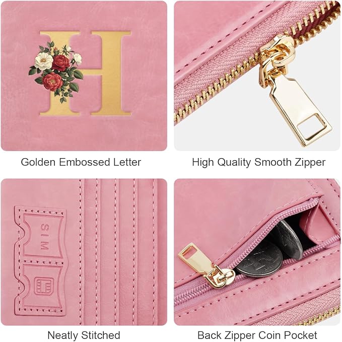 Passport Holder for Travel Personalized Wallet with Wristlet Women | All-in-One Passport Cover, RFID Blocking, Back Coin Pocket, Paper Money Slot, Zipper Closure, Roses Initial Letter, Pink H
