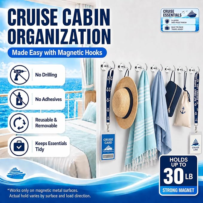 Neosmuk Magnetic Hooks, Heavy Duty 30lb+ Strong Magnet Hook for Cruise Cabins, Cruise Essentials 2026 for Hanging, Metal Wall Refrigerator Hangers (Silver White, 10 Pack)
